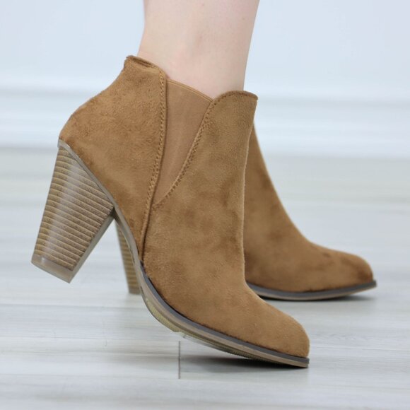 Tan Suede Ankle Boots Chelsea Pointed Toe Cone High Heel Booties - Picture 2 of 10